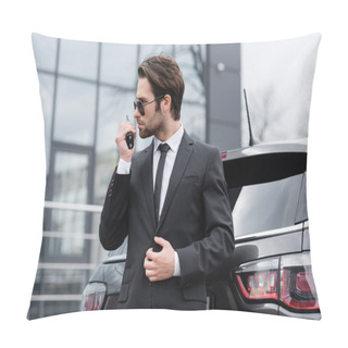 Personality  Side View Of Bodyguard In Sunglasses Using Walkie Talkie Near Modern Car Pillow Covers