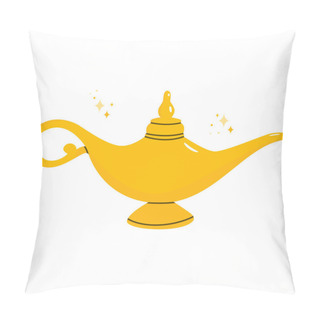 Personality  Flat Vector Cartoon Illustration Of A Magic Golden Lamp. Isolated Design On A White Background. Pillow Covers