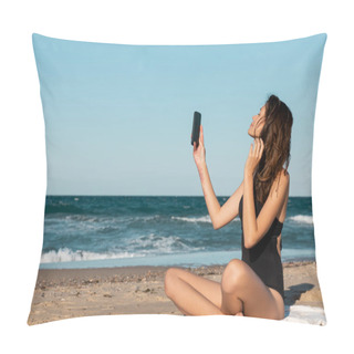 Personality Brunette Young Woman In Swimsuit Taking Selfie While Sitting On Blanket Near Sea Pillow Covers