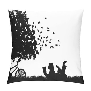 Personality  Silhouette Of Girl With Bike Reading A Book Under The Tree In Autumn Or Fall Pillow Covers