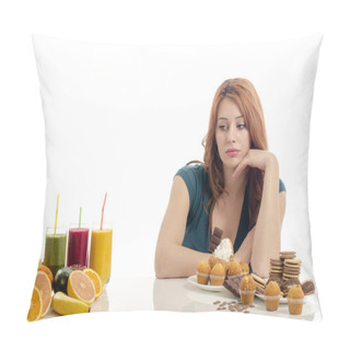 Personality  Woman Choosing Between Fruits, Smoothie And Organic Healthy Food Against Sweets, Sugar, Lots Of Candies, Unhealthy Food. Treating Your Sweets Addiction With Fruits And Vegetables Pillow Covers
