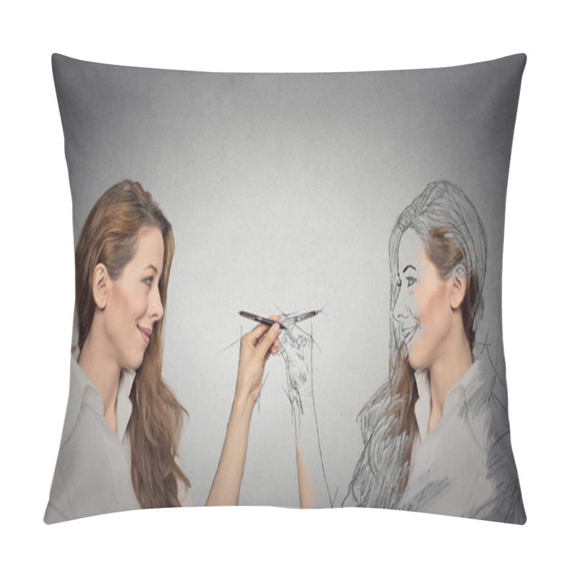 Personality  Woman Drawing A Picture, Sketch Of Herself  Pillow Covers
