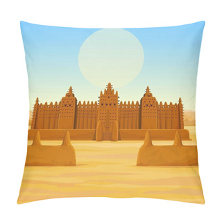 Personality  African Architecture. The Animation Ancient Building From Clay. Background - A Landscape The Desert, The Sky, A Symbol Of The Sun. Color Drawing. Vector Illustration. Pillow Covers