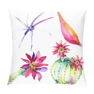 Personality  Green Cactus Flowers. Watercolour Drawing Fashion Aquarelle Isolated. Isolated Cacti Illustration Element. Pillow Covers