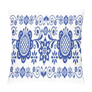 Personality  Scandinavian Folk Art Retro Vector Long Pattern, Floral Ornament In Navy Blue - Seamless Stripe Stripe Pillow Covers