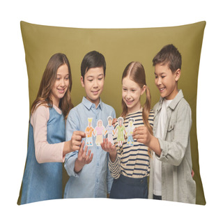 Personality  Smiling Interracial Preteen Kids In Casual Clothes With Friends Holding Drawn Paper Characters While Celebrating Child Protection Day On Khaki Background Pillow Covers
