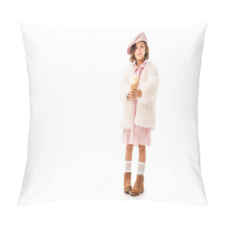 Personality  Adorable Happy Child In Stylish Clothes With Ice Cream Looking At Camera Isolated On White Pillow Covers
