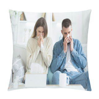 Personality  Couple Suffering From Cold, Blowing Noses And Sneezing Pillow Covers