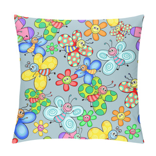Personality  A Cute Colorful Seamless Pattern With Cartoon Butterflies And Happy Flowers. Pillow Covers