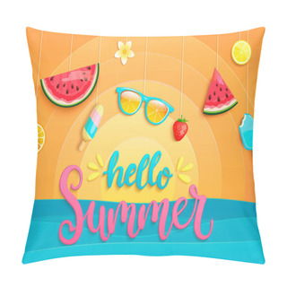 Personality  Hello Summer Greeting Poster With Sea, Sun And Symbols For Summertime Such As Ice-cream, Watermelon, Strawberry, Glasses. Pillow Covers