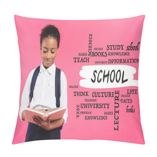 Personality  African American Schoolgirl Reading Book Near School Lettering On Pink Pillow Covers