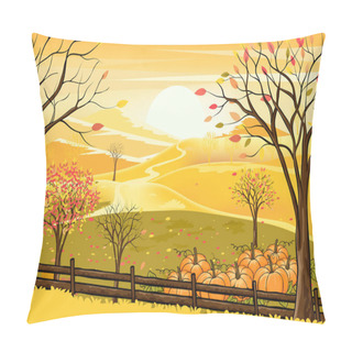 Personality  Vector Illustrationn Of Panorama Autumn Landscape In English Countryside With Forest Trees And Leaves Falling,Panoraic Of Farm Field, Pumpkin Under The Tree In Fall Season With Yellow Foliage. Pillow Covers