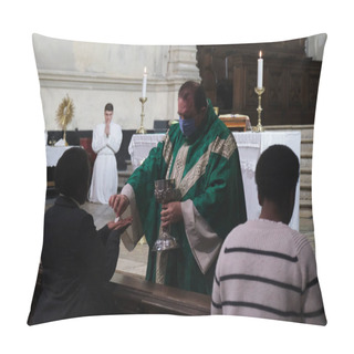 Personality  A Priest Wearing A Face Mask, Gives The Communion To A Worshiper During The First Mass Since The Start Of The COVID-19 Coronavirus Pandemic At Catholic Church In Brussels, Belgium On Jun. 8, 2020. Pillow Covers