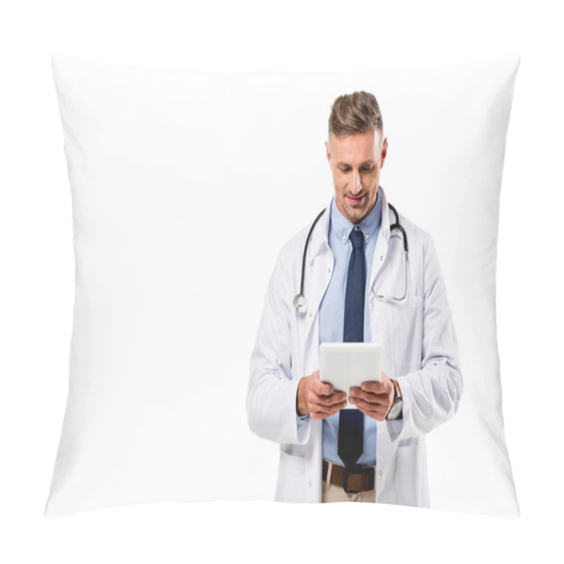 Personality  Doctor In White Coat With Stethoscope Using Digital Tablet Isolated On White Pillow Covers