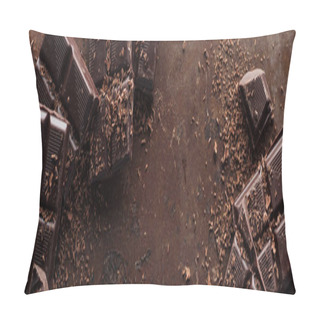 Personality  Panoramic Shot Of Pieces Of Chocolate With Chocolate Chips On Metal Background Pillow Covers