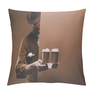 Personality  Stylish Man In Casual Clothes Holding Coffee In Paper Cups Isolated On Brown Pillow Covers