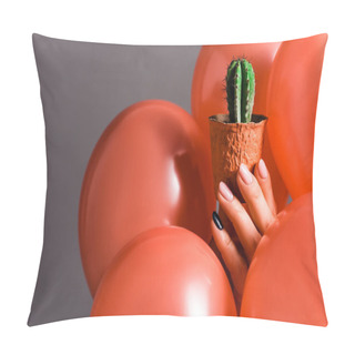 Personality  Cropped View Of Female Hand With Cactus In Flower Pot And Coral Air Balloons On Grey Background, Color Of 2019 Concept Pillow Covers