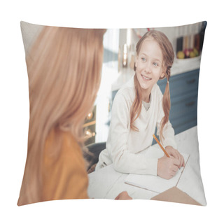 Personality  Positive Little Delighted Schoolgirl Studying With Pleasure Pillow Covers