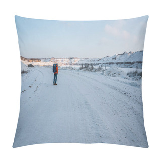 Personality  Tourist Standing On Snowy Road Pillow Covers