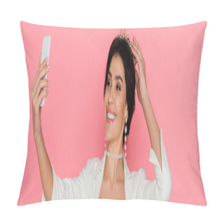 Personality  Panoramic Shot Of Smiling Woman With Crown Taking Selfie On Pink Background  Pillow Covers