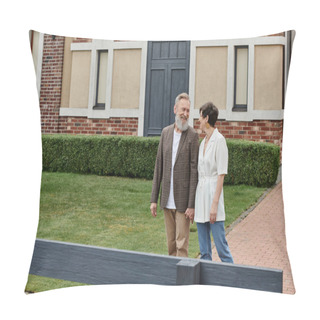 Personality  Cheerful Elderly Couple, Man And Woman Standing Near House And Looking At Each Other, Love, Romance Pillow Covers