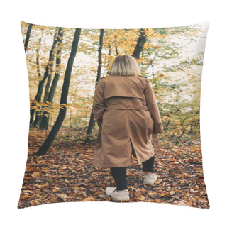 Personality  Back View Of Woman Walking In Autumn Forest  Pillow Covers