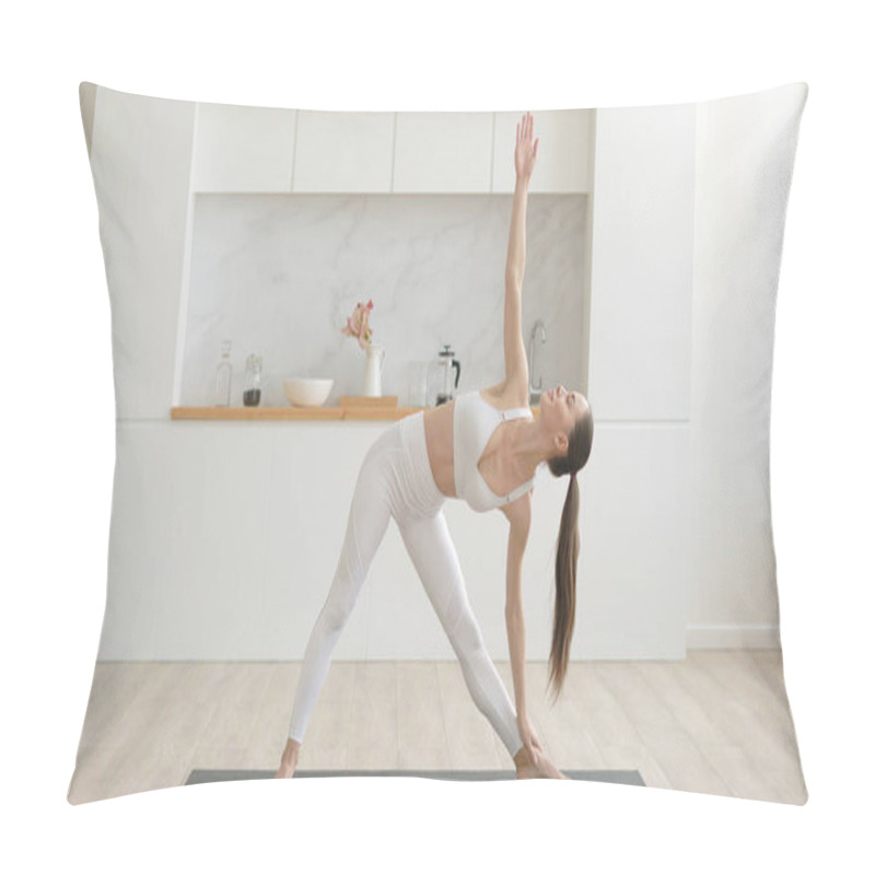 Personality  Young Attractive Multi Ethnical Woman Wearing White Sportswear, Pants And Top, Doing Stretching Yoga Exercises On Fitness Mat In Living Room, Healthcare And Exercise Mental Therapy At Home Concept Pillow Covers