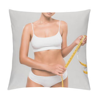 Personality  Partial View Of Beautiful Slim Woman In Underwear Holding Measuring Tape Isolated On Grey Pillow Covers