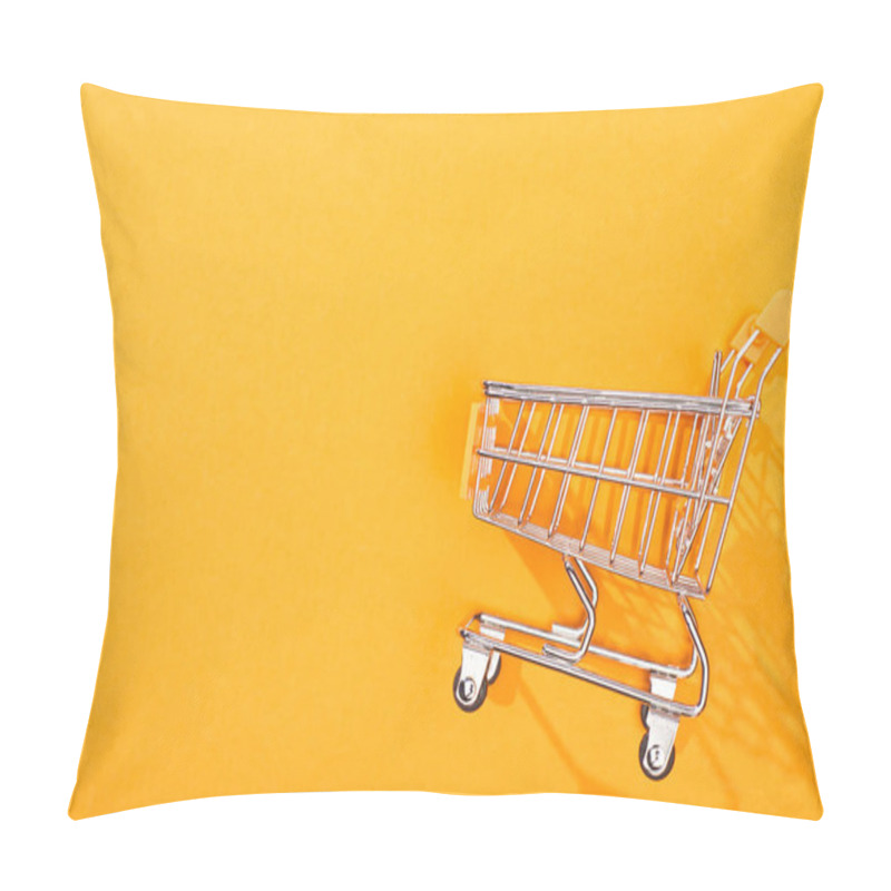 Personality  Top View Of Empty Shopping Cart On Bright Orange Background Pillow Covers