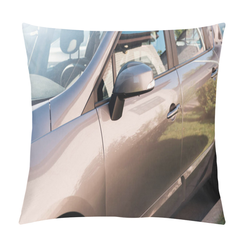 Personality  close-up view of shiny grey car parked on parking lot pillow covers