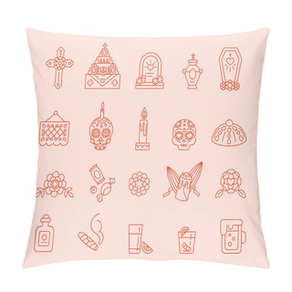 Personality  Set Of Linear Icons For Celebration Of Dia De Muertos. Day Of The Dead - Mexican Traditional Symbols, Outline Style Pillow Covers