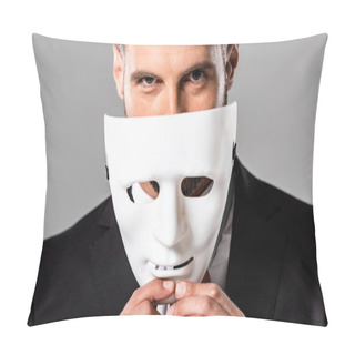 Personality  Cunning Businessman In Black Suit Taking Off White Mask Isolated On Grey Pillow Covers