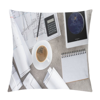 Personality  Top View Of Architect Workplace With Coffee Cup, Blueprints, Calculator And Ipad Tablet On Table  Pillow Covers