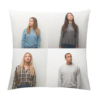 Personality  Collage Of People Looking Up With Serious Face Pillow Covers