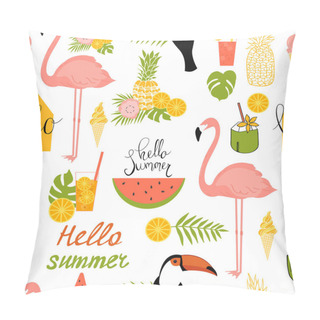 Personality   Vector Seamless Summer Pattern  With Flamingo, Toucan And  Tropical Plants. Pillow Covers