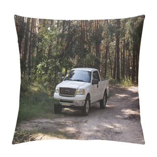 Personality  White Car On Trail In Autumn Forest With Pine Trees Pillow Covers