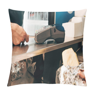 Personality  Cropped View Of Man Buying Doner Kebab In Aluminium Foil And Cashier Using Payment Terminal Pillow Covers