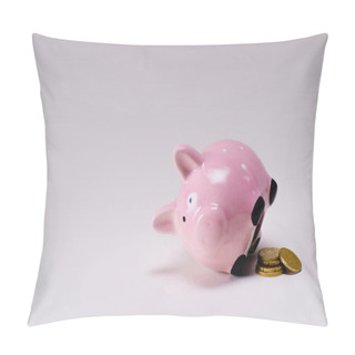 Personality  Close Up View Of Pink Piggy Bank And Pile Of Coins Isolated On Lilac Pillow Covers