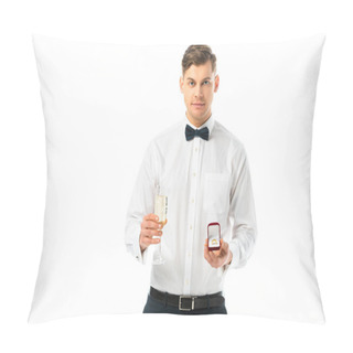 Personality  Handsome Groom Holding Glass Of Champagne And Gift Box With Wedding Ring Isolated On White Pillow Covers
