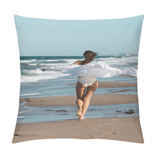 Personality  Back View Of Barefoot Woman In White Shirt And Swimwear Running With Outstretched Hands Near Ocean On Beach  Pillow Covers