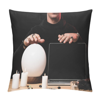 Personality  Cropped View Of Oracle Near Laptop With Blank Screen Isolated On Black  Pillow Covers