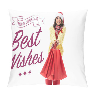 Personality  Joyful Young Woman In Santa Hat And Scarf With Ornament Holding Red Shopping Bags Near Merry Christmas, Best Wishes Lettering On White  Pillow Covers
