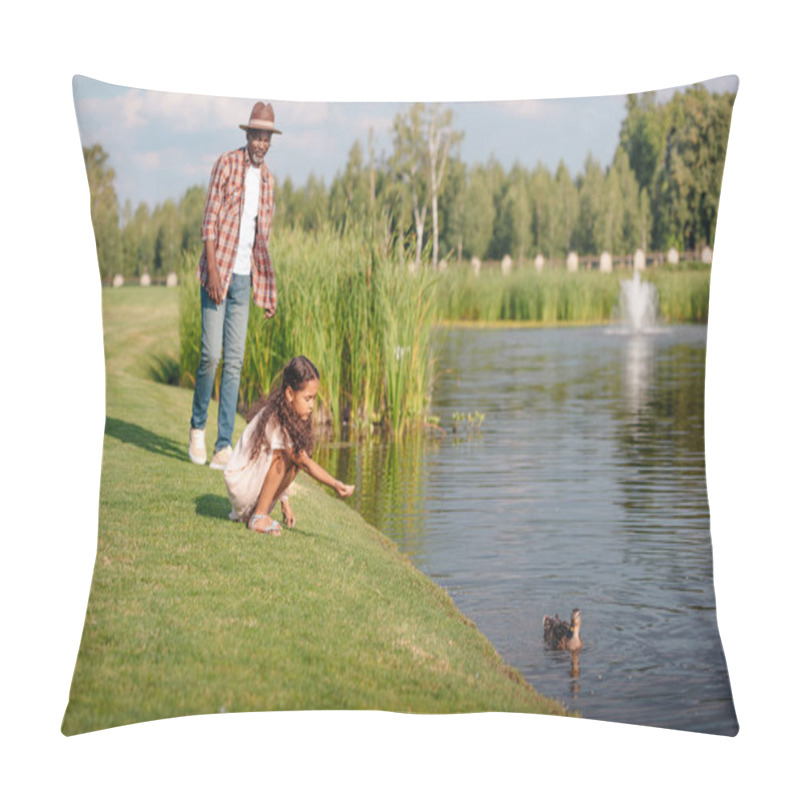 Personality  granddaughter and grandfather feeding duck  pillow covers
