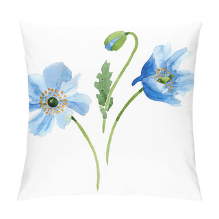 Personality  Beautiful Blue Poppy Flowers Isolated On White. Watercolor Background Illustration. Watercolour Drawing Fashion Aquarelle Isolated Poppy Flowers Illustration Element. Pillow Covers