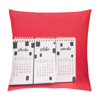 Personality  Paper Calendar With Autumn Months On Red Background Pillow Covers