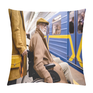Personality  Woman Holding Wheelchair Of Aged Disabled Man On Underground Platform Near Blurred Train Pillow Covers