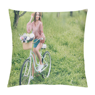 Personality  Pretty Smiling Woman On Retro Bicycle With Wicker Basket Full Of Flowers In Forest Pillow Covers
