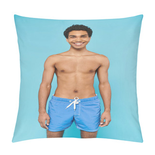 Personality  Joyful Young African American Man In Blue Swimming Trunks Looking At Camera On Blue Backdrop Pillow Covers
