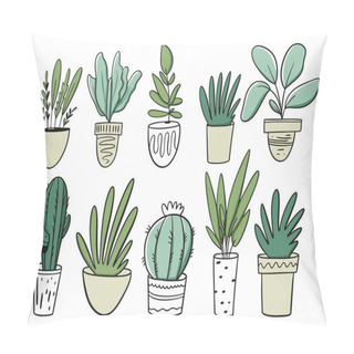 Personality  Big Set Green Plants In Home Pots. Vector Illustration In Cartoon Style. Pillow Covers