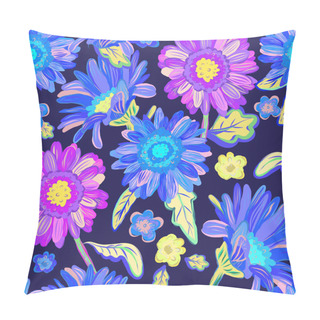 Personality  Seamless Floral  Background. Isolated Blue Flowers On Dark . Pillow Covers